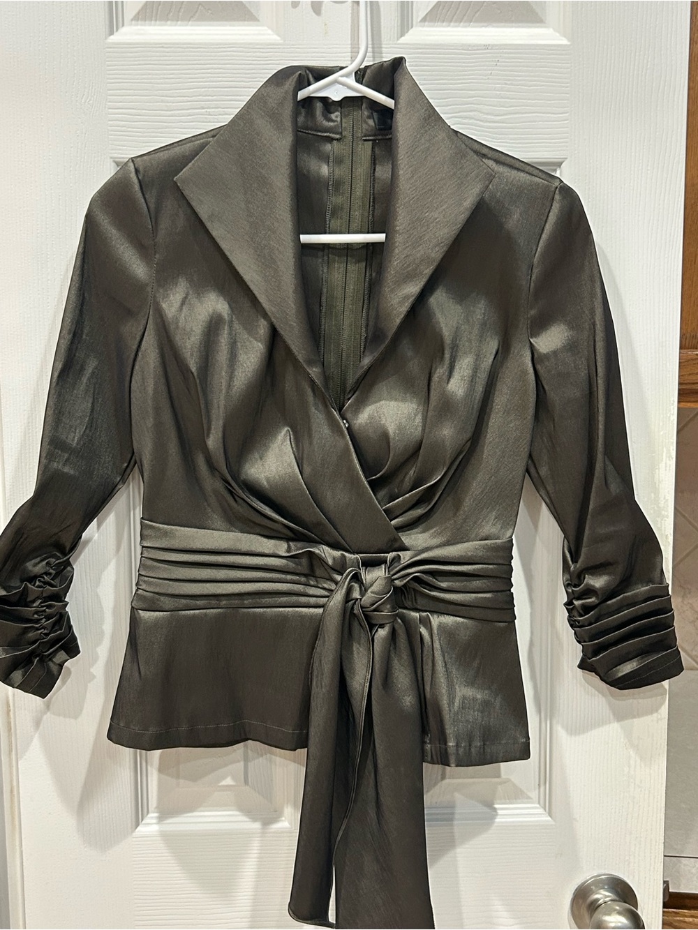 Tadashi collection Olive Green Satin Wrap Jacket size 2.